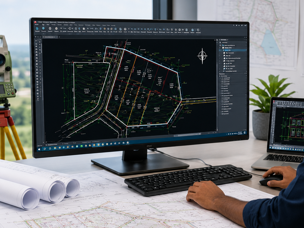 Survey engineer preparing CAD drawings from total station, DGPS, and drone survey data using AutoCAD software.