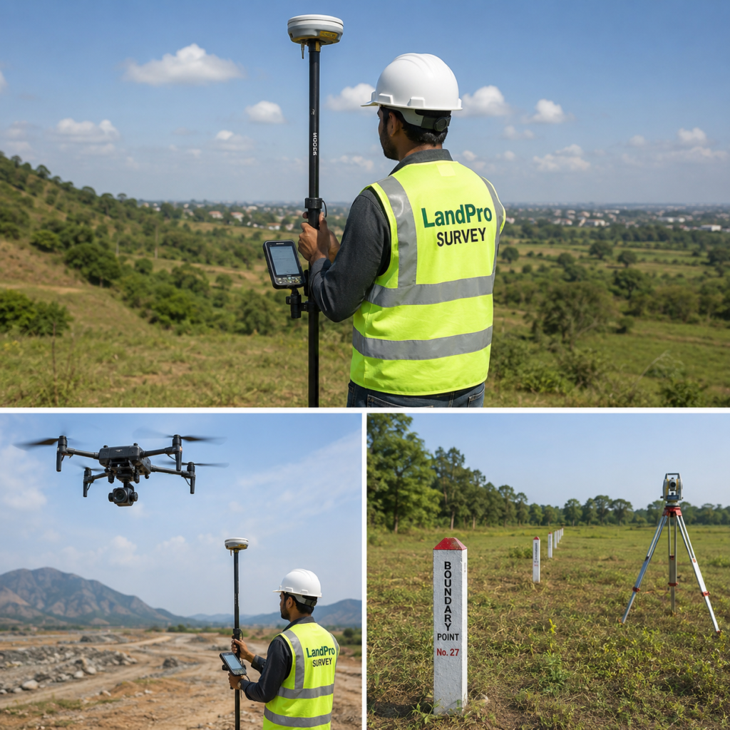 Survey engineer using DGPS receiver, drone survey mapping, and land boundary demarcation markers for accurate land measurement and property verification.