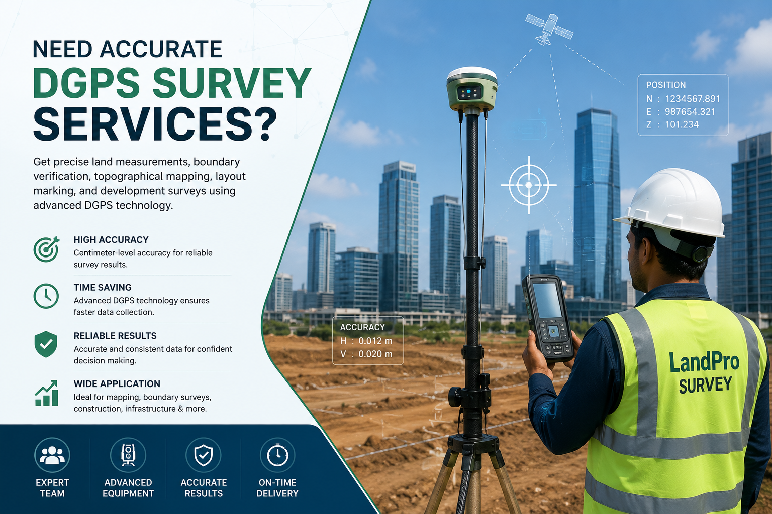 Professional survey engineer using DGPS GNSS equipment at a construction site with modern urban infrastructure background.