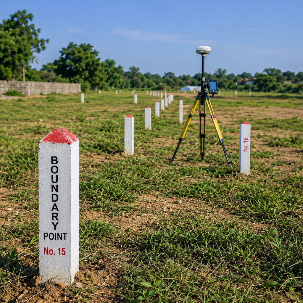 Land boundary survey showing boundary stones, DGPS survey equipment, and property demarcation markers for accurate land identification.