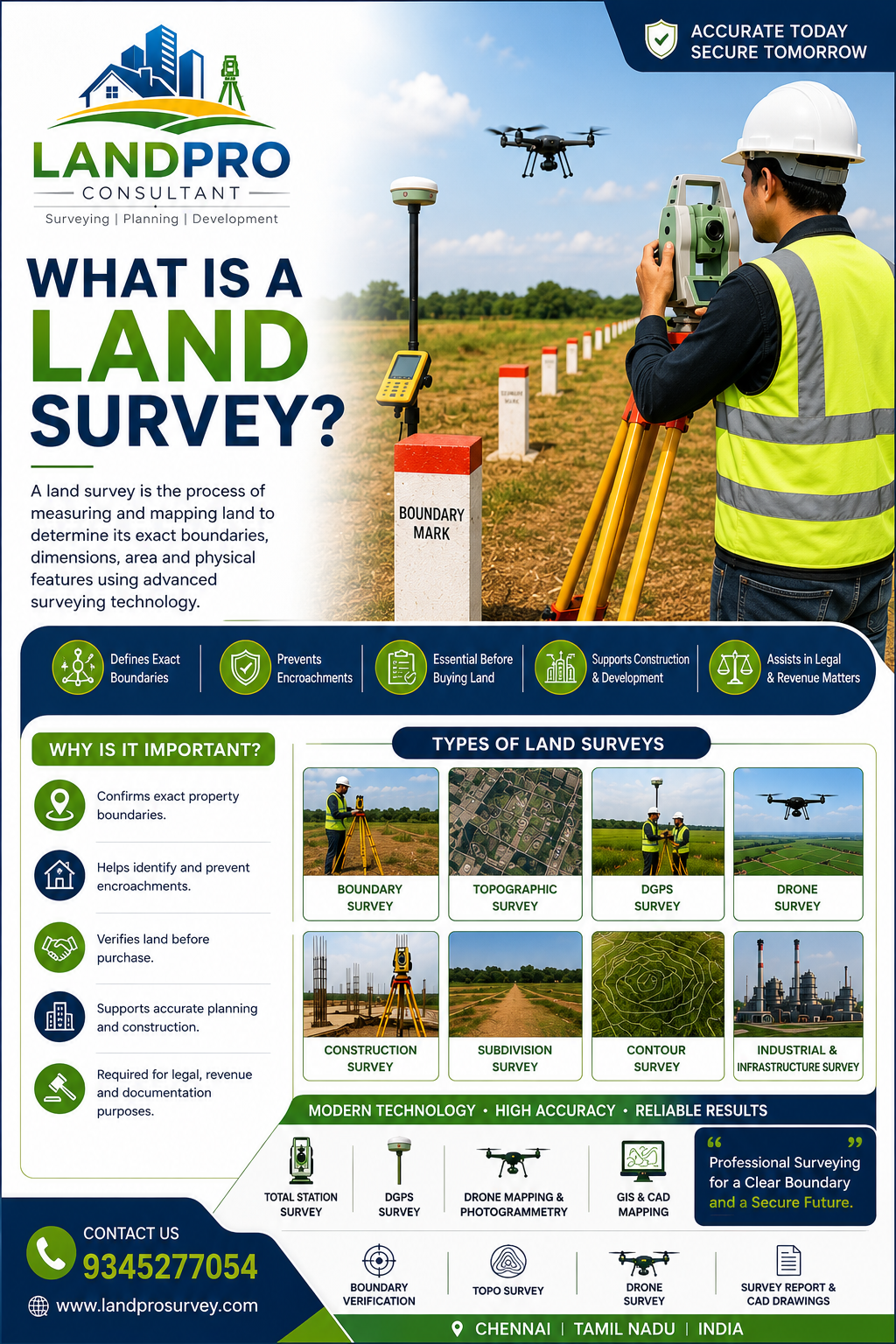 Professional land survey services in Chennai using DGPS, Drone Survey, Total Station and Boundary Verification by Landpro Consultant.
