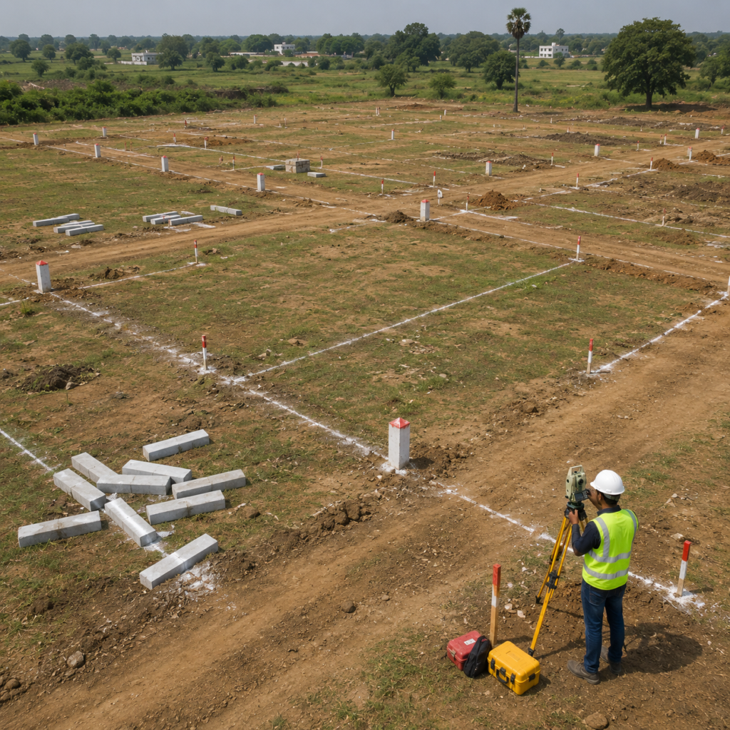 Aerial view of layout survey showing plotted development, internal roads, boundary pillars, and survey engineer using total station equipment.