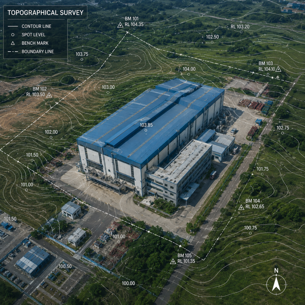 Aerial drone view of industrial factory site showing topographical survey contour lines, spot levels, benchmarks, and boundary mapping.