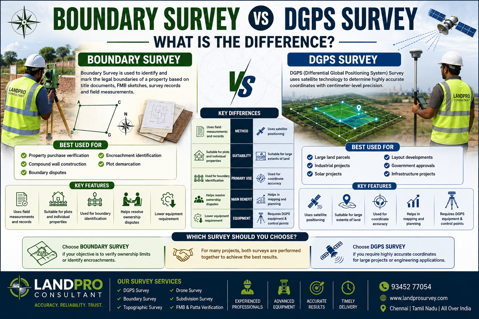 Comparison between Boundary Survey and DGPS Survey for land verification, property boundary identification and high accuracy mapping services in Chennai.